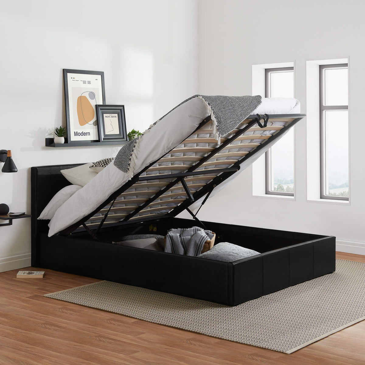 Berlin Black Faux Leather Ottoman Bed Frame
