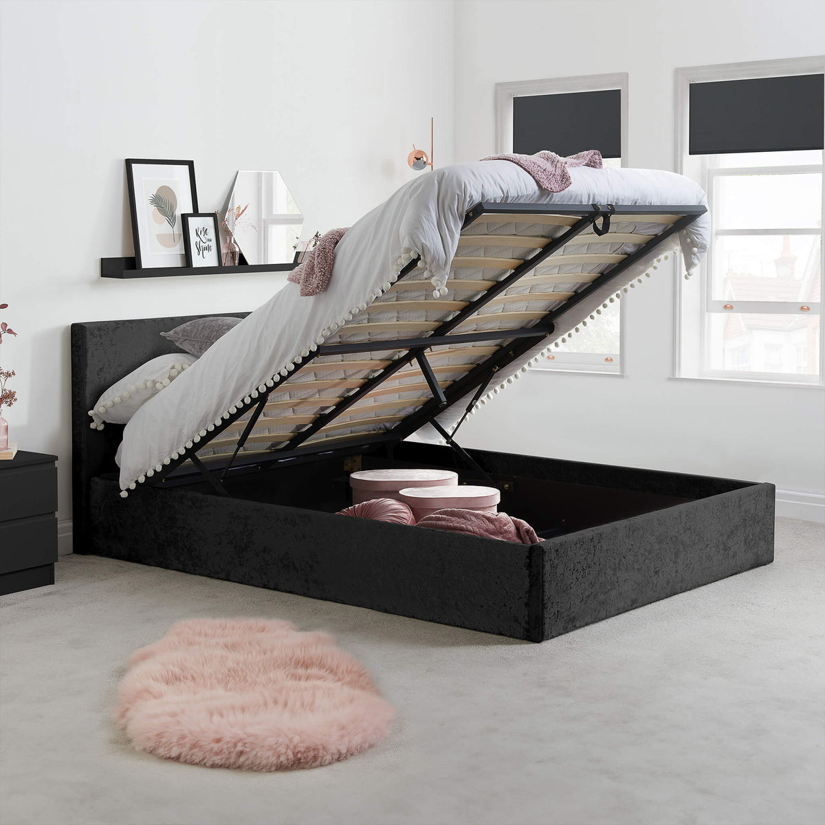 Berlin Black Velvet Fabric Ottoman Bed Frame
