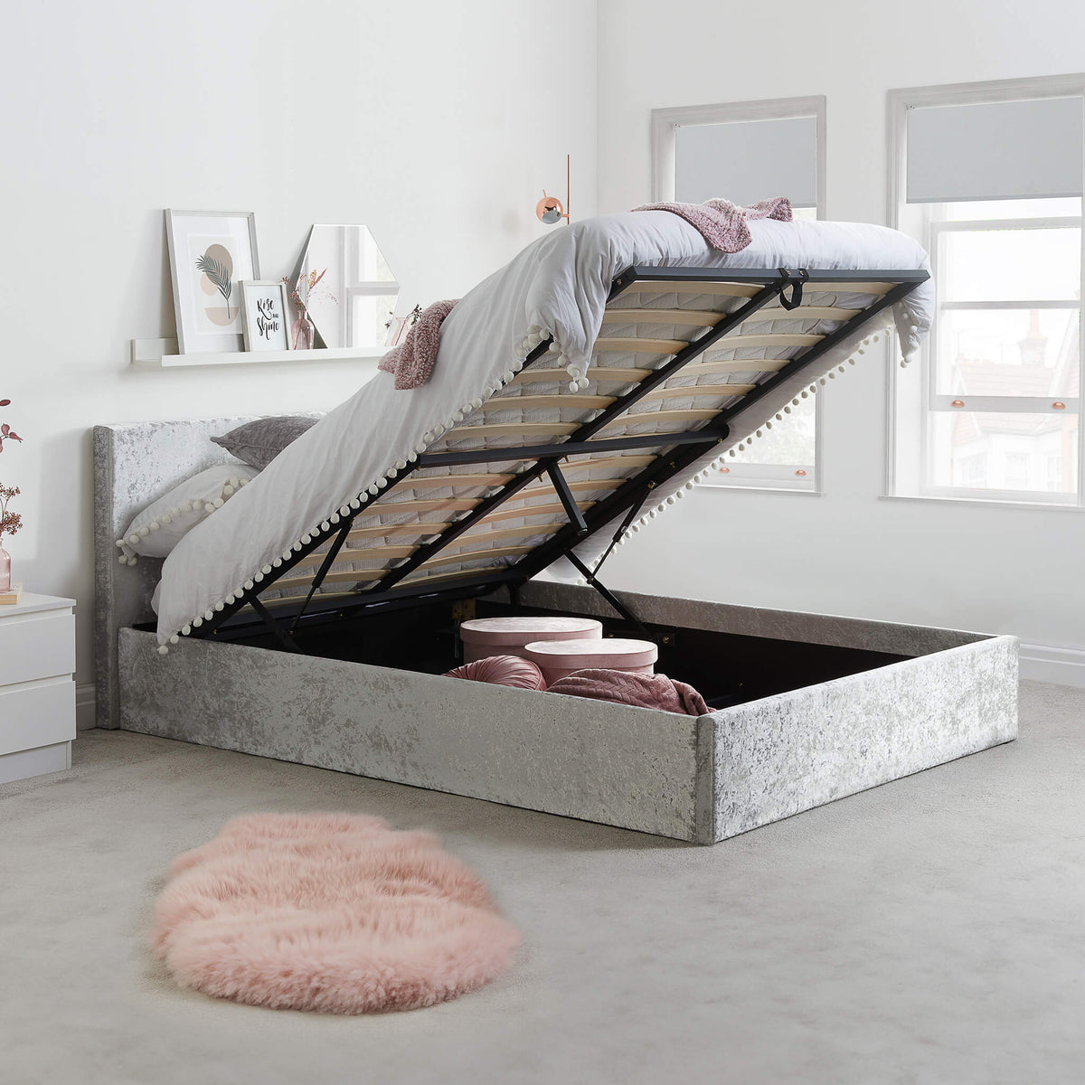 Berlin Steel Crushed Velvet Fabric Ottoman Bed Frame