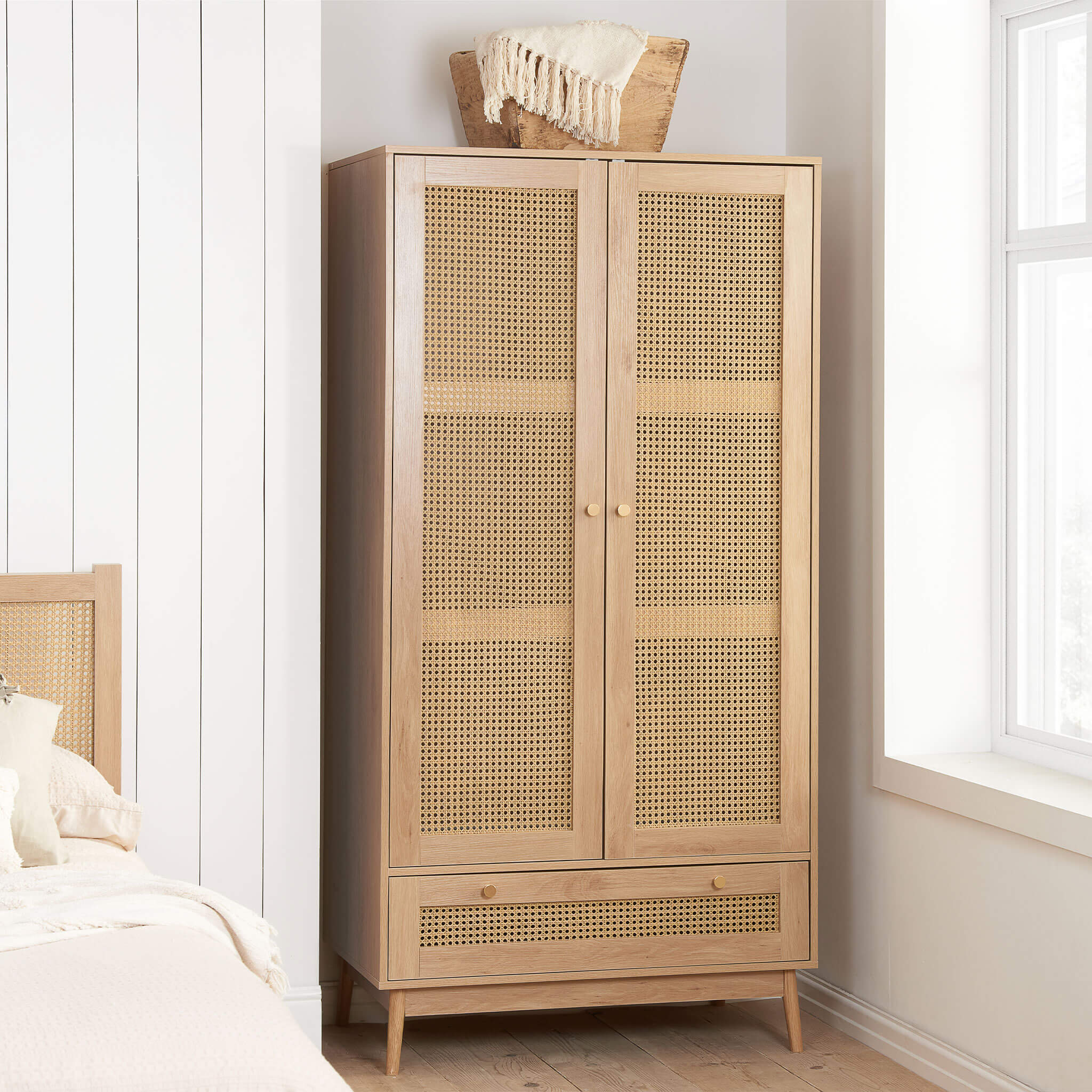 Croxley 2 Door 1 Drawer Rattan Wardrobe Oak | Grove Bedding