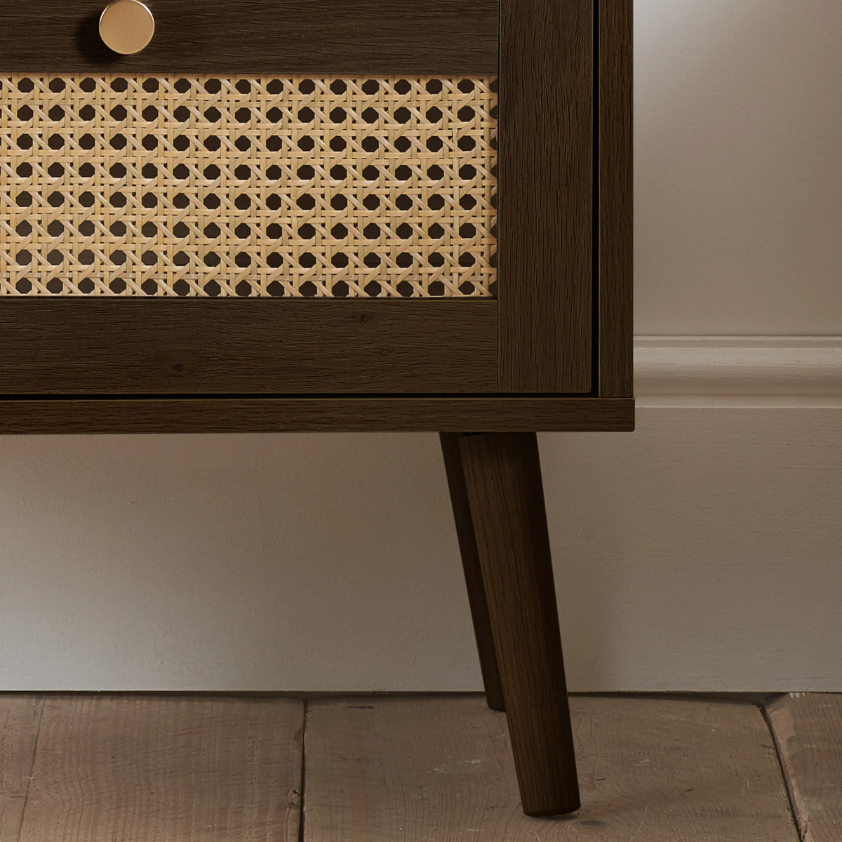 Croxley Walnut Rattan 2-Drawer Bedside Table – drawer Leg and rattan detail close-up
