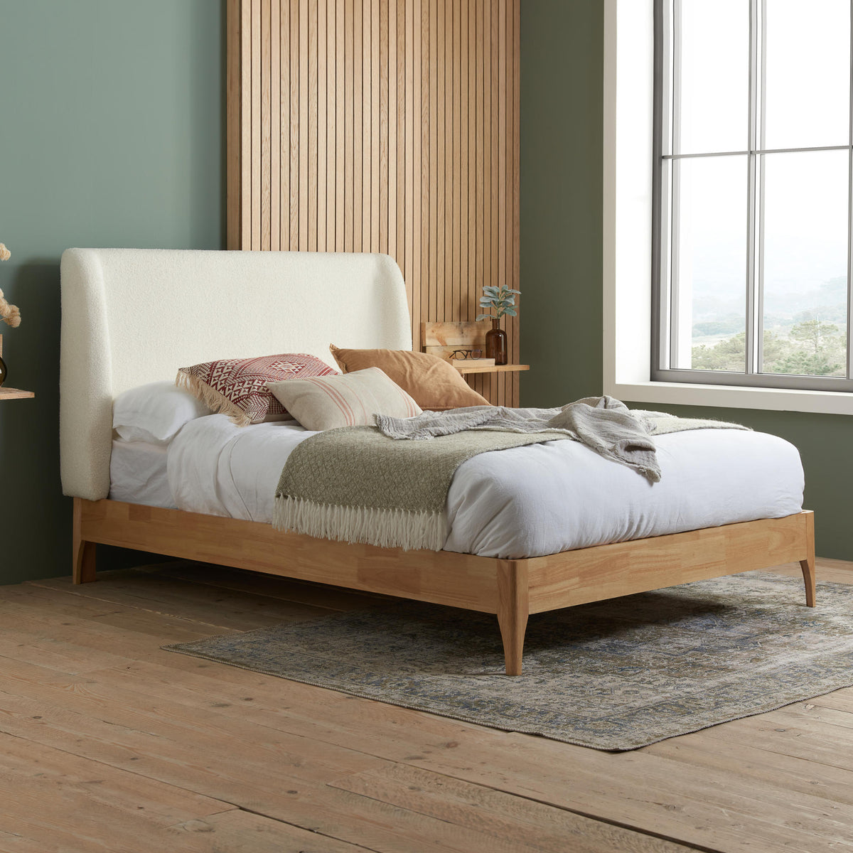Halfden White Boucle and Wooden Bed