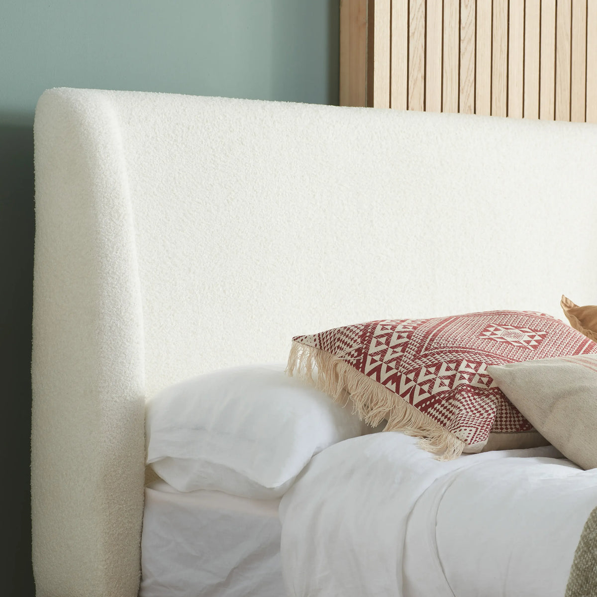 Halfden White Boucle and Wooden Bed