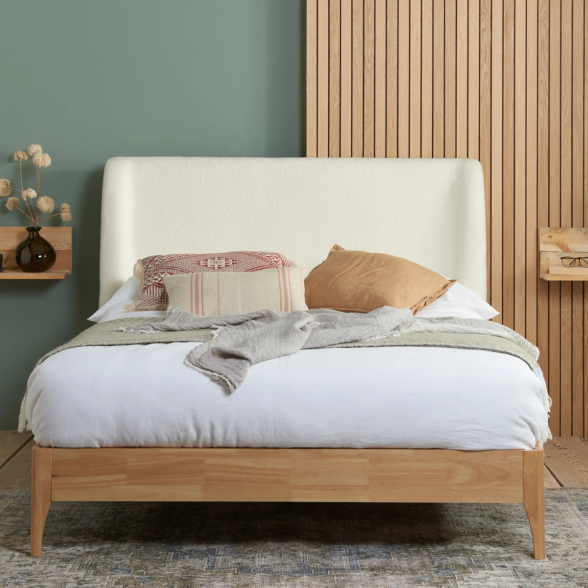 Halfden White Boucle and Wooden Bed