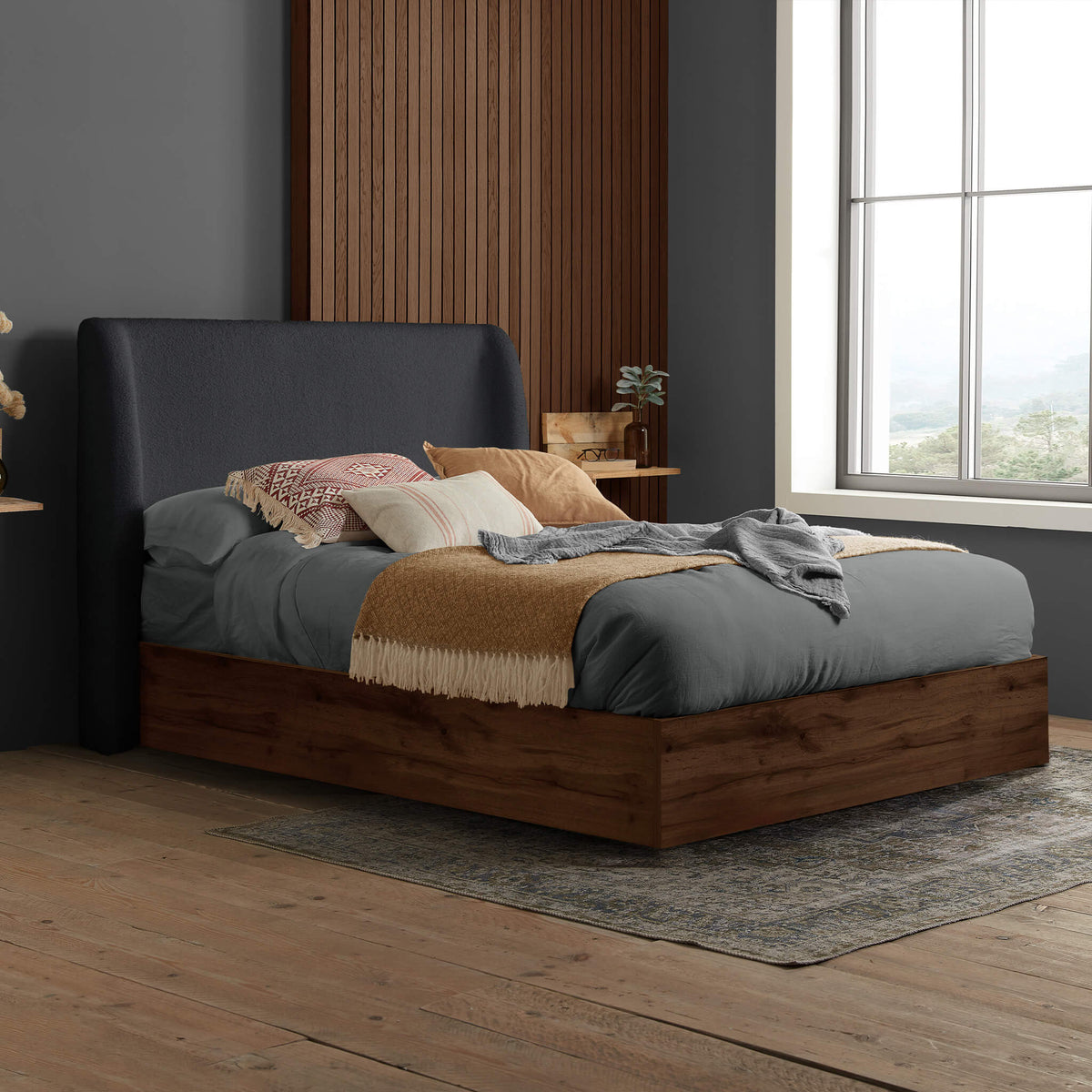 Halfden Boucle and Wooden Ottoman Bed Grey