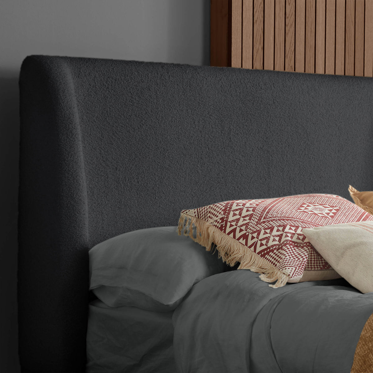 Halfden Boucle and Wooden Bed Grey