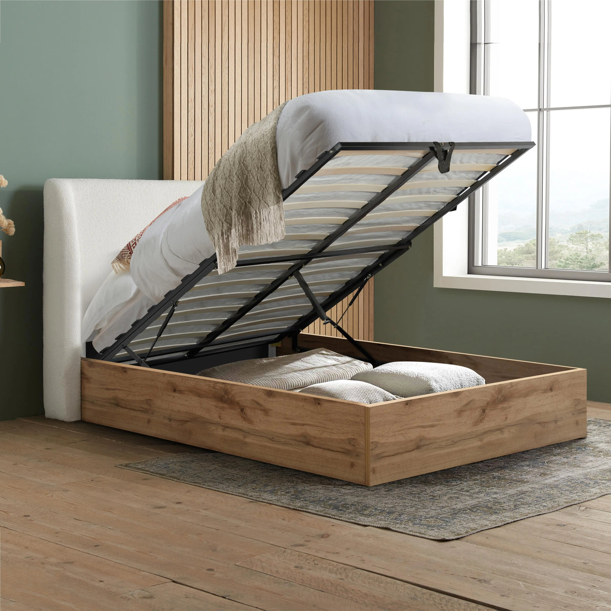 Halfden White Boucle and Wooden Ottoman Bed