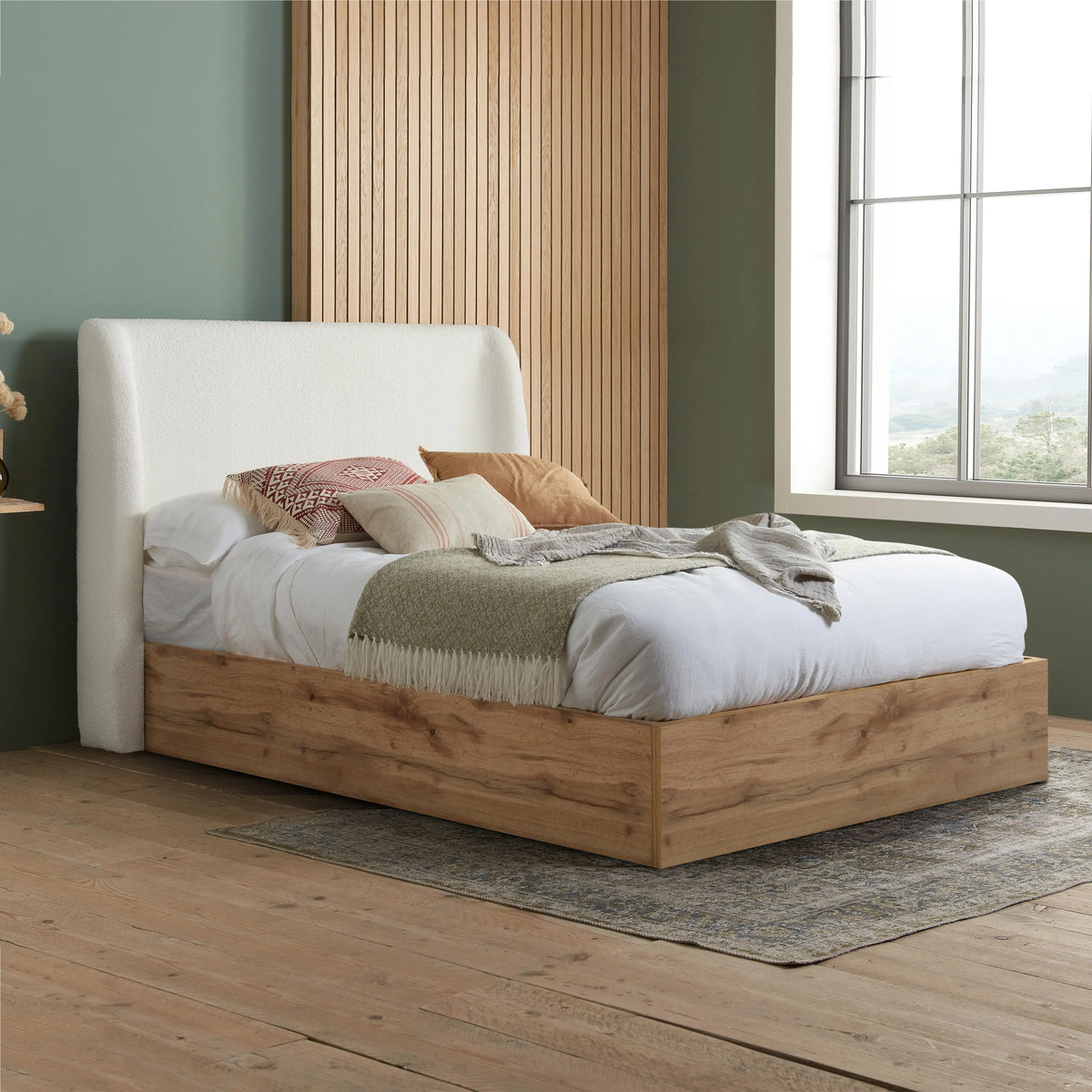 Halfden White Boucle and Wooden Ottoman Bed