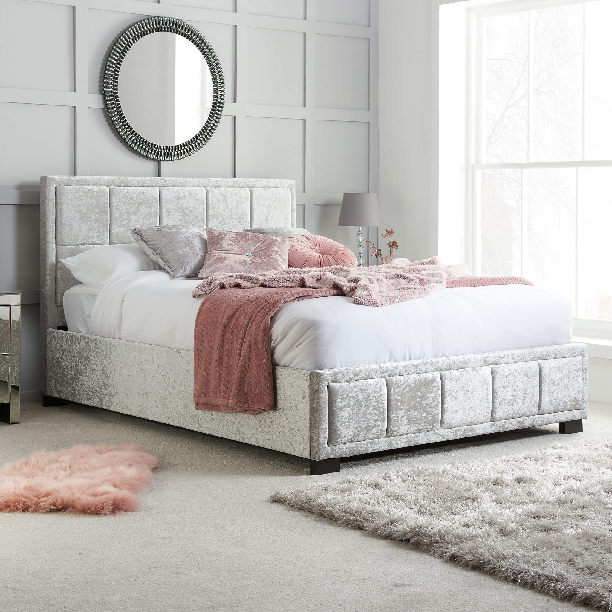 Hannover Steel Crushed Velvet Fabric Ottoman Bed Frame