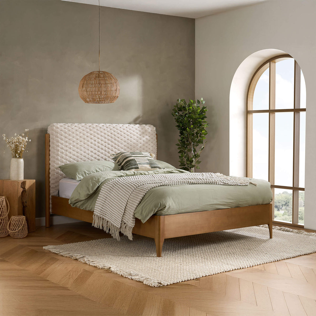 Hatti Cream Wooden Upholstered Bed