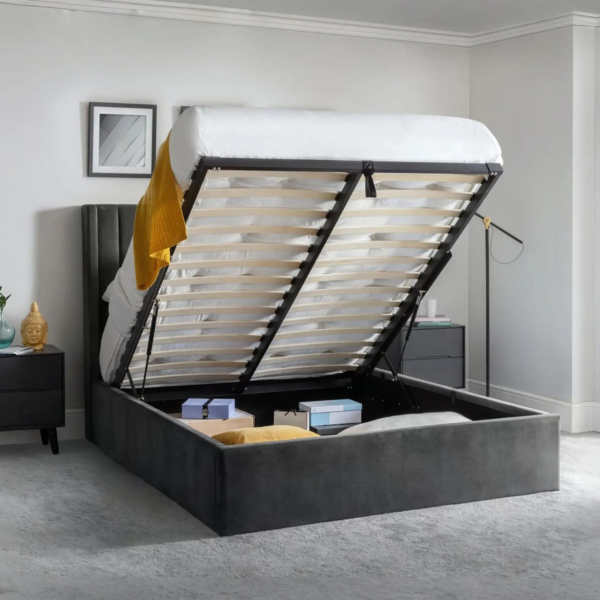 Langham Grey Velvet Ottoman Bed