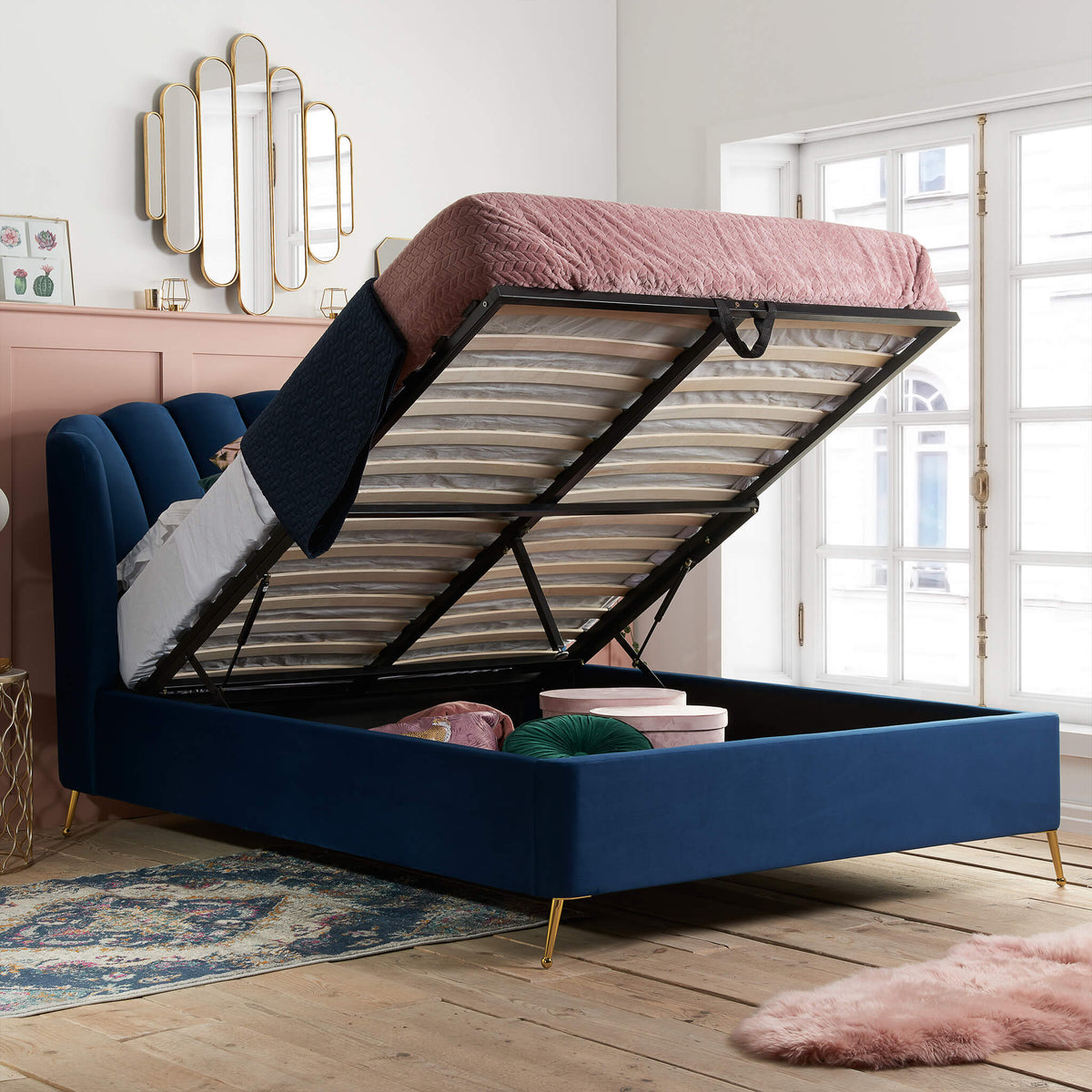 Lottie Blue Upholstered Ottoman Bed