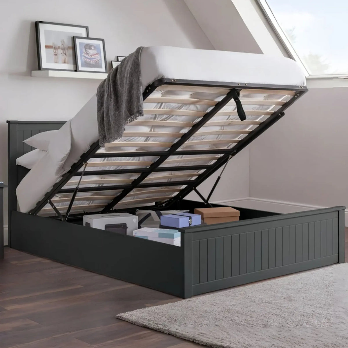 Maine Dark Grey Wooden Ottoman Bed