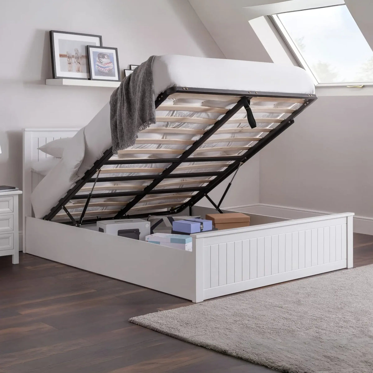 Maine White Wooden Ottoman Bed