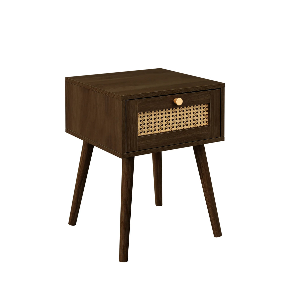 Croxley Walnut Rattan 1-Drawer Bedside Table – three-quarter front view showing open drawer 