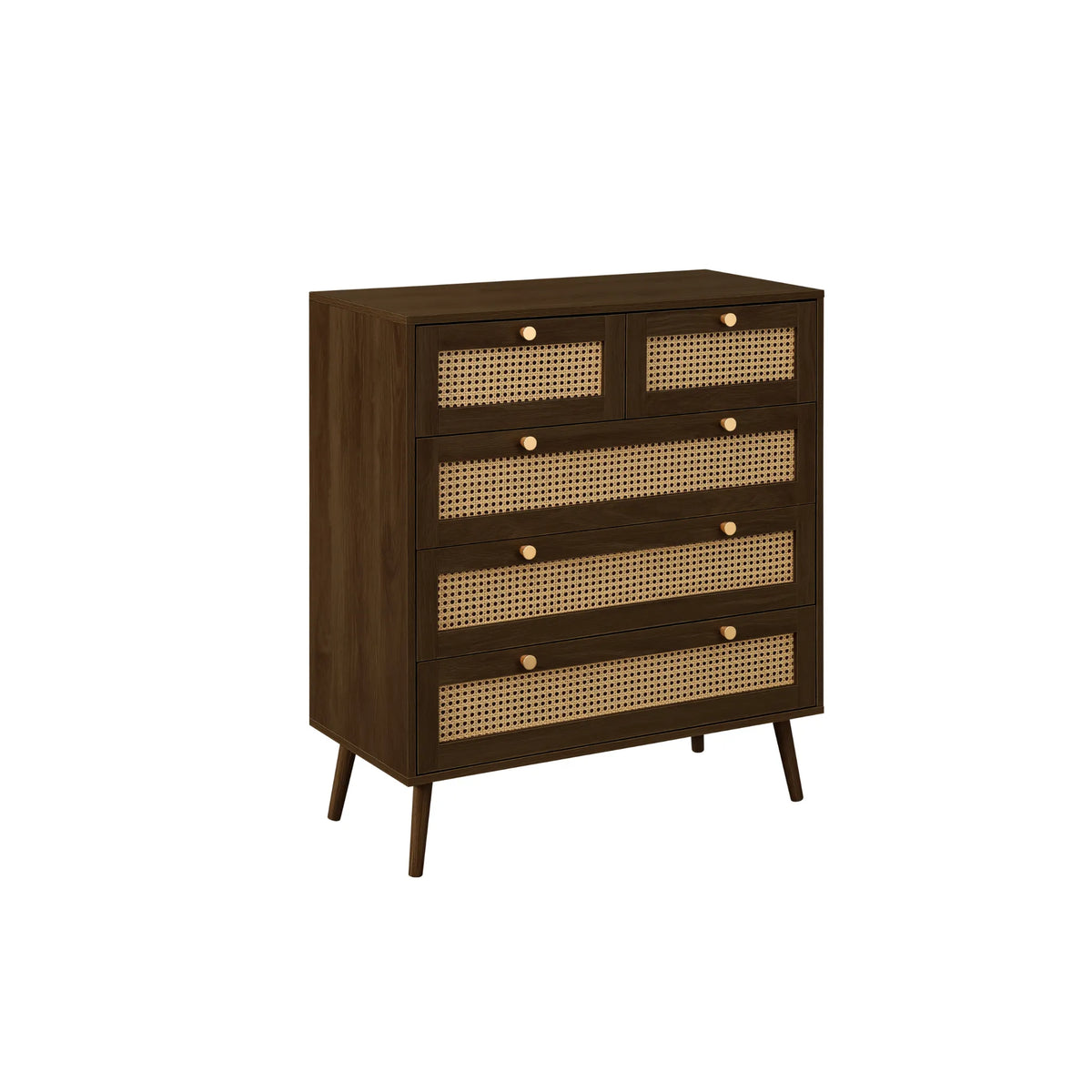 Croxley Walnut Rattan 5-Drawer Chest – three-quarter front view open drawers on white background