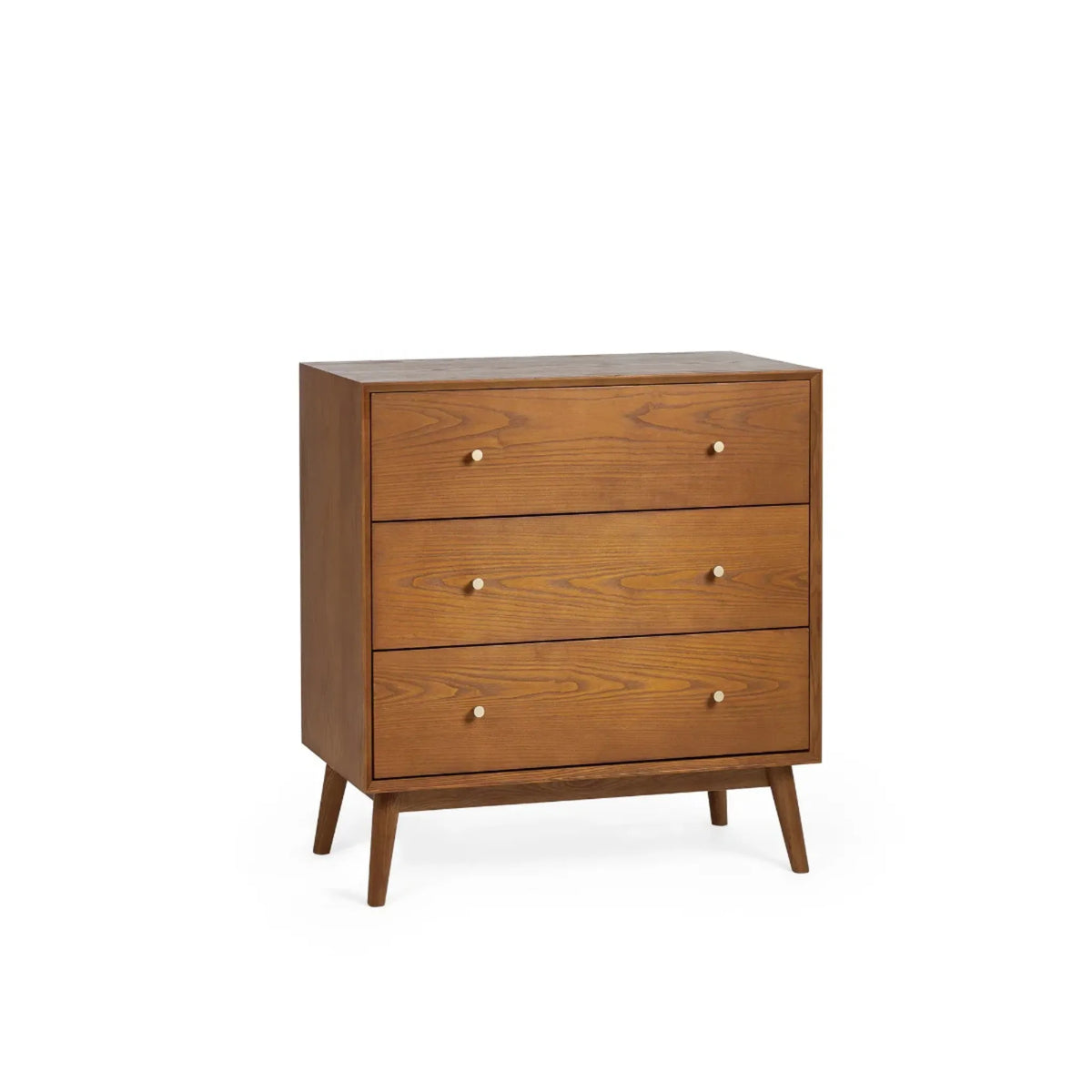 Lowry Cherry Ash 3-Drawer Chest – angled front and side view with drawers open