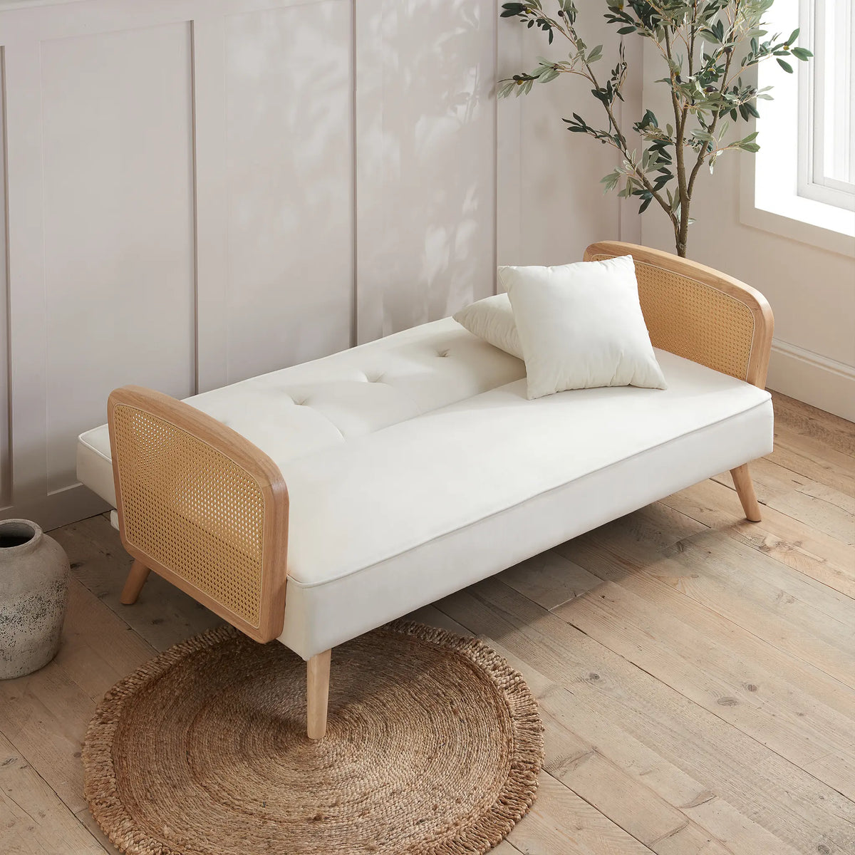 Mila White Upholstered Rattan Sofa Bed