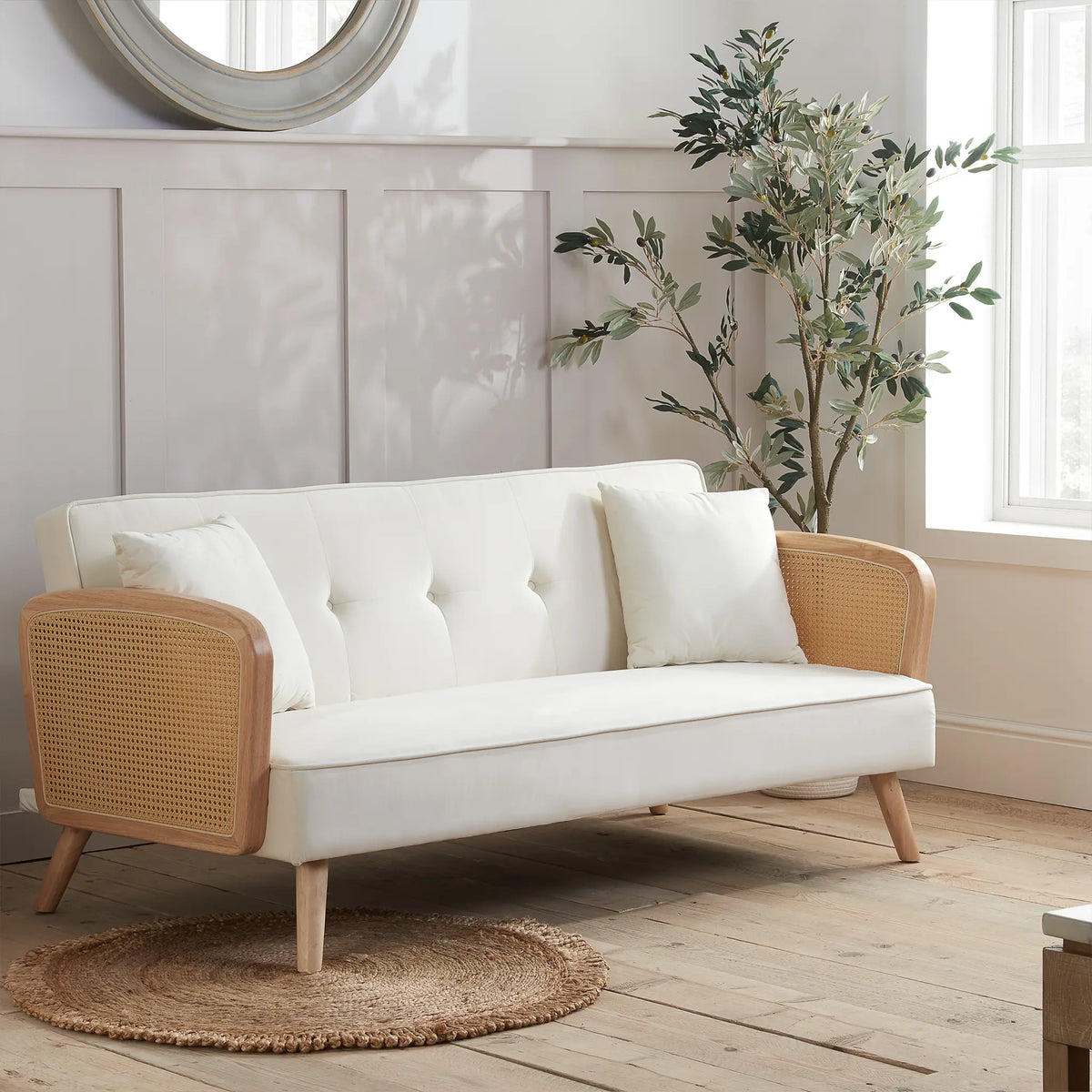 Mila White Upholstered Rattan Sofa Bed