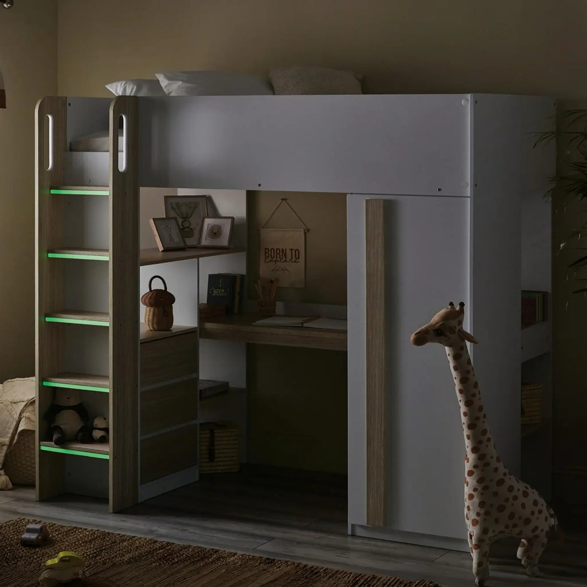 Ocean White and Brown Wooden High Sleeper Bed