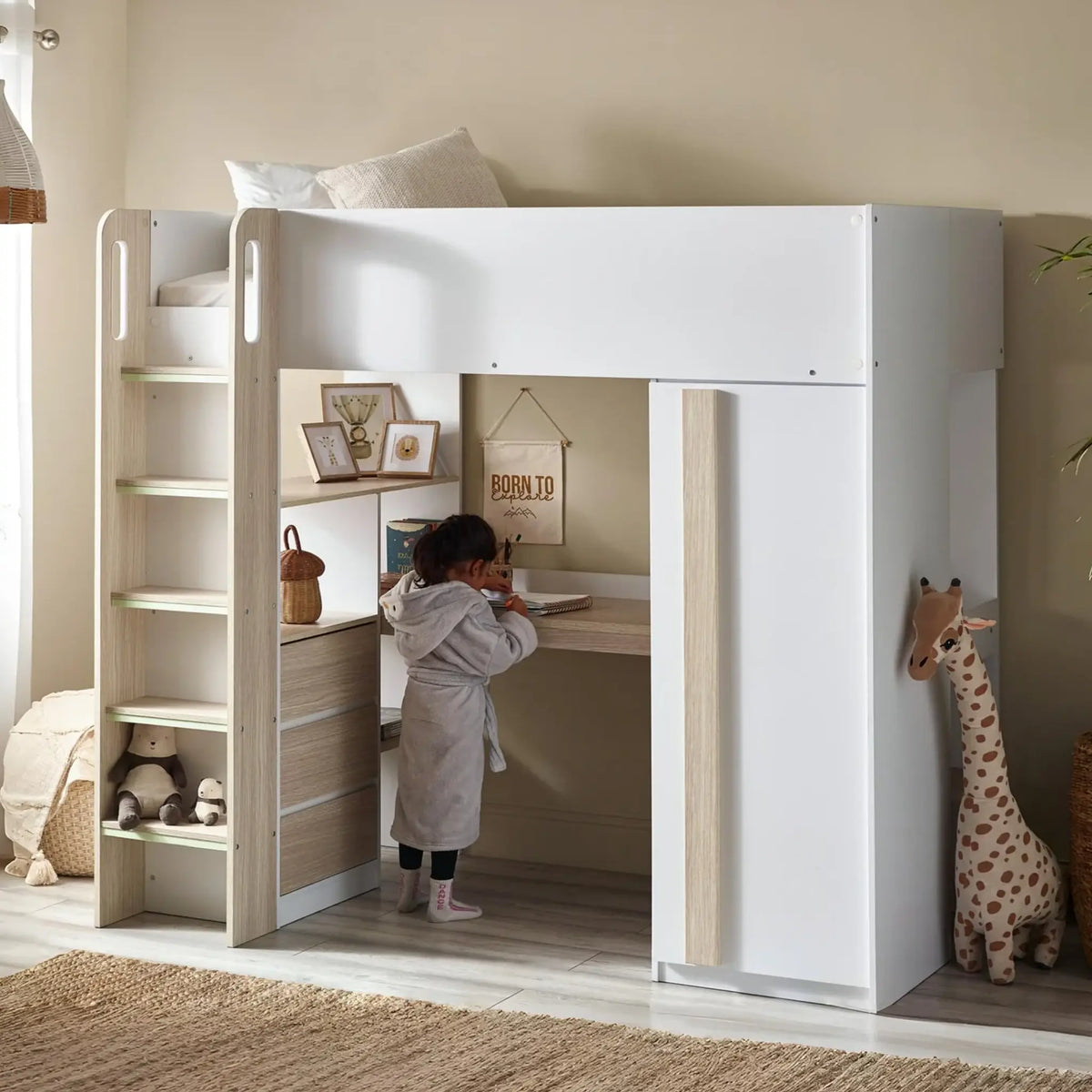 Ocean White and Brown Wooden High Sleeper Bed
