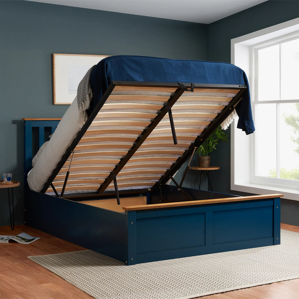 Phoenix Navy Blue Wooden Ottoman Bed Frame