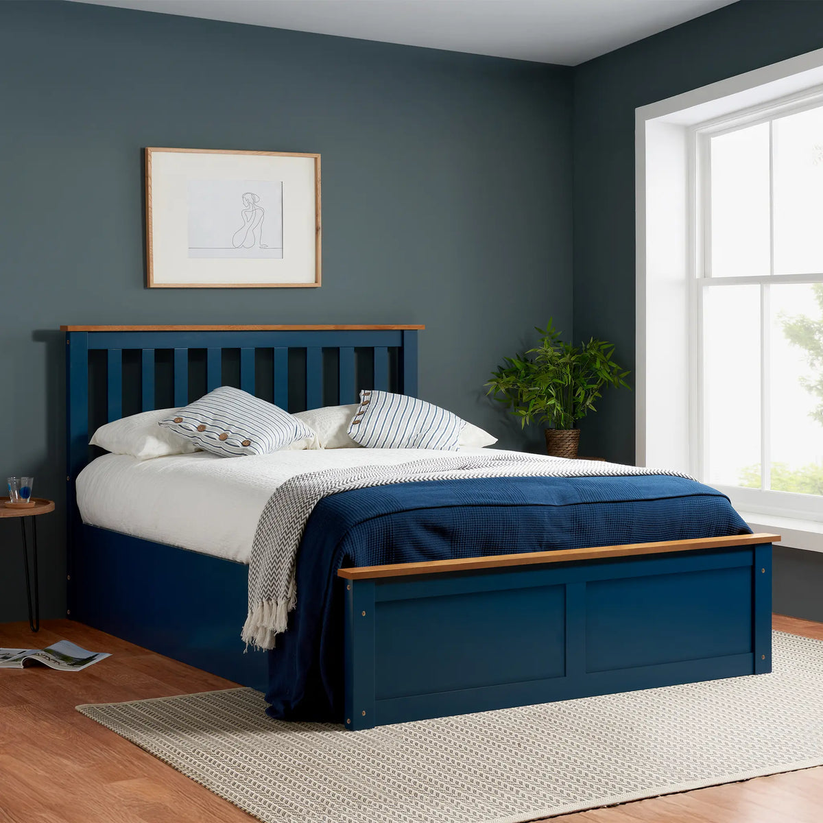 Phoenix Navy Blue Wooden Ottoman Bed Frame
