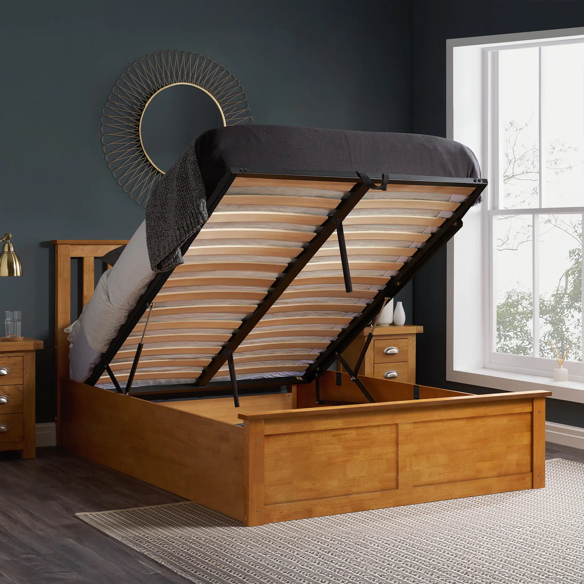 Phoenix Oak Wooden Ottoman Bed Frame