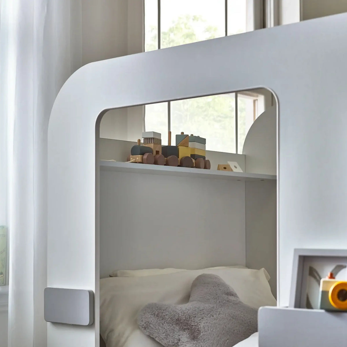 Tourer Caravan White and Grey Wooden Bed