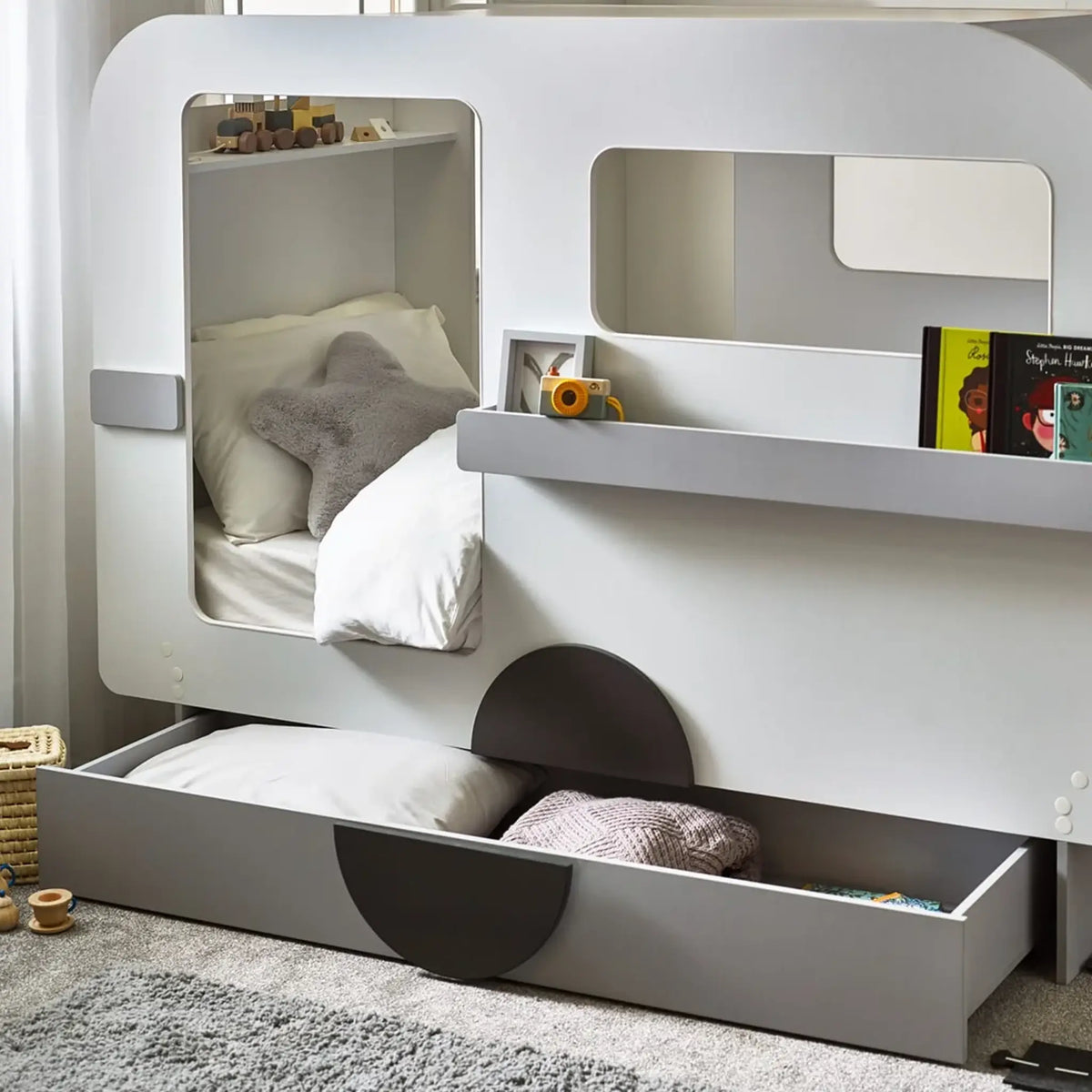 Tourer Caravan White and Grey Wooden Bed