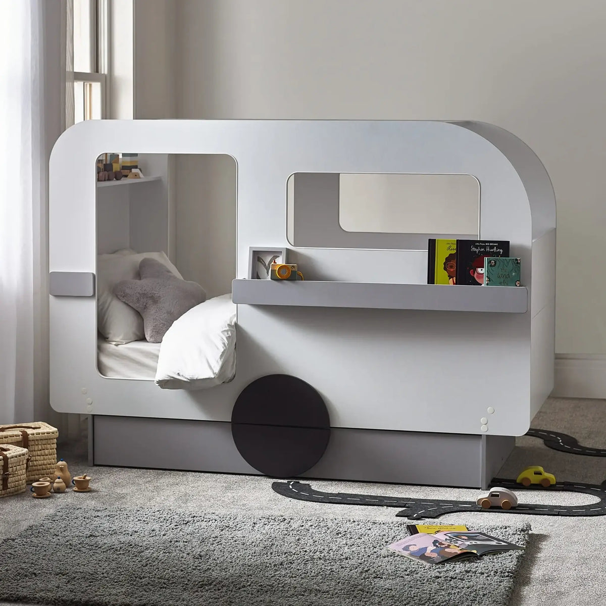 Tourer Caravan White and Grey Wooden Bed