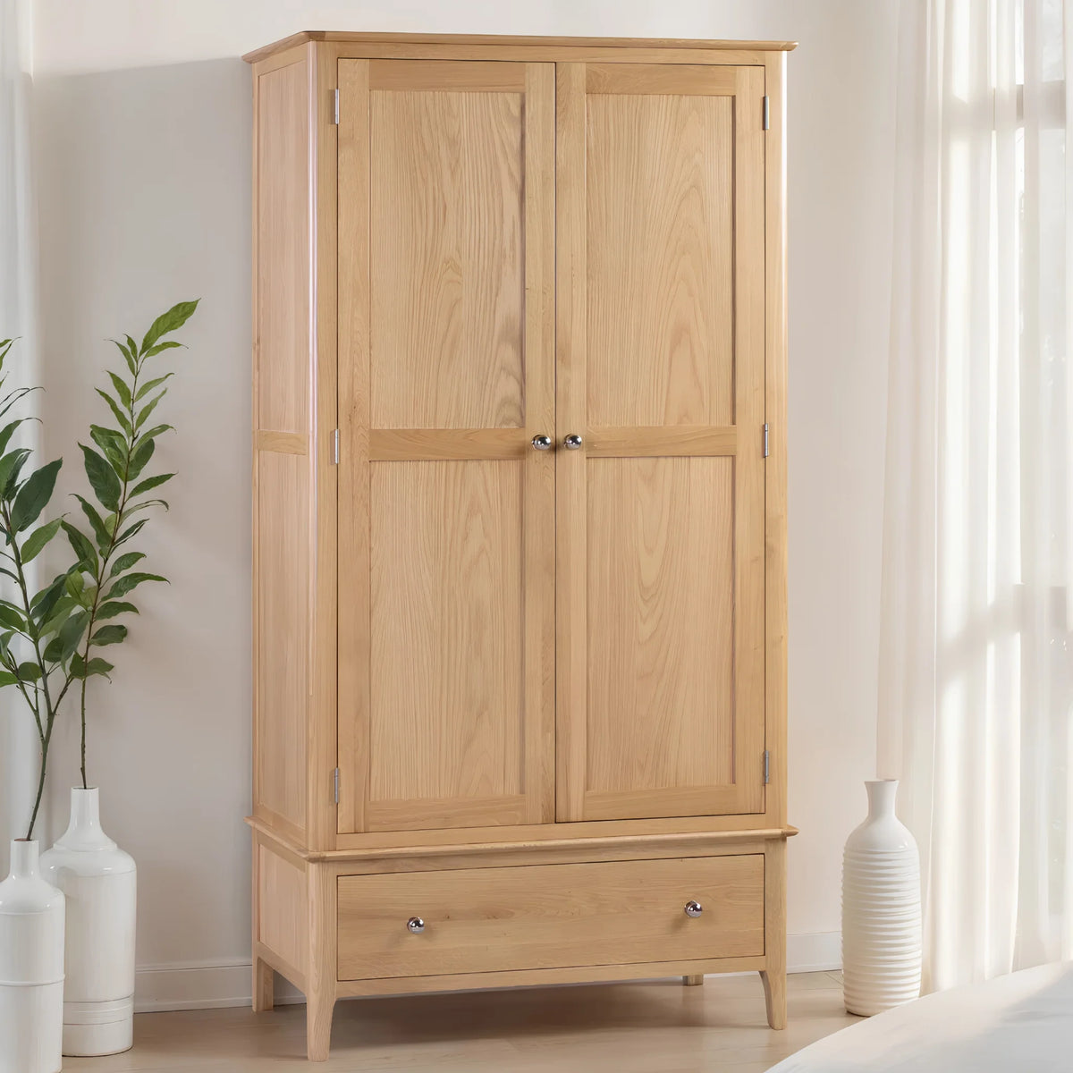 Cotswold Oak 2-Door Combination Wardrobe – angled front and side view in room setting
