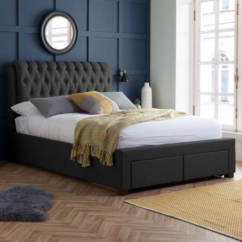 Valentino Charcoal 2 Drawer Fabric Bed