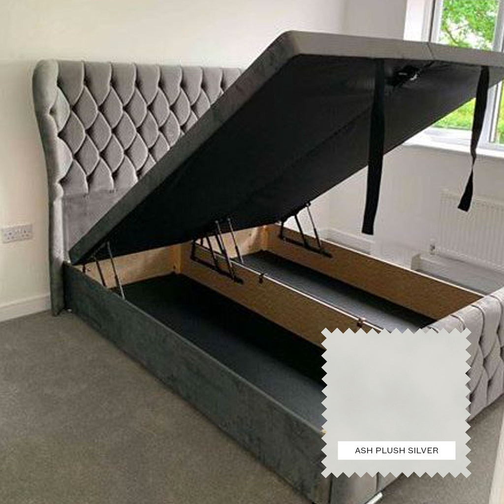 Aspine Upholstered Ottoman Bed - Ash Plush Silver