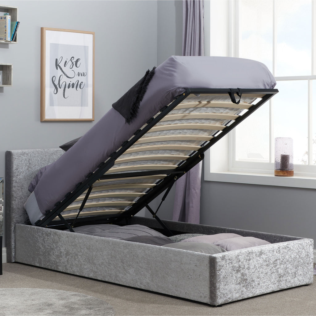 Berlin Steel Crushed Velvet Fabric Ottoman Bed Frame Open