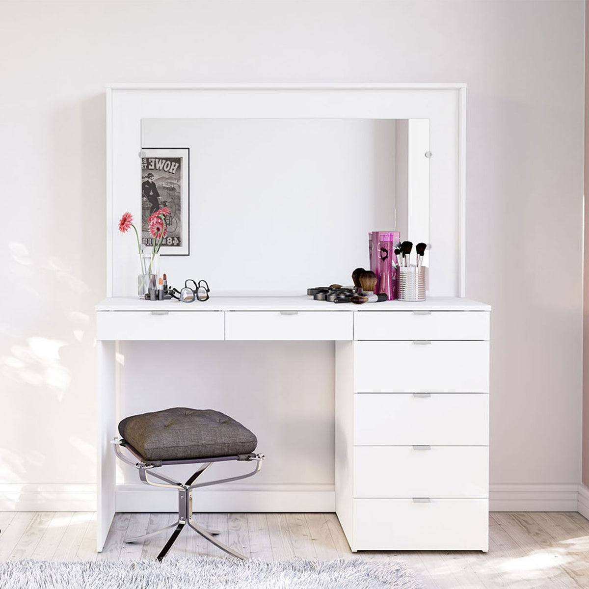 Chloe 7 Drawer Dressing Table & Mirror White