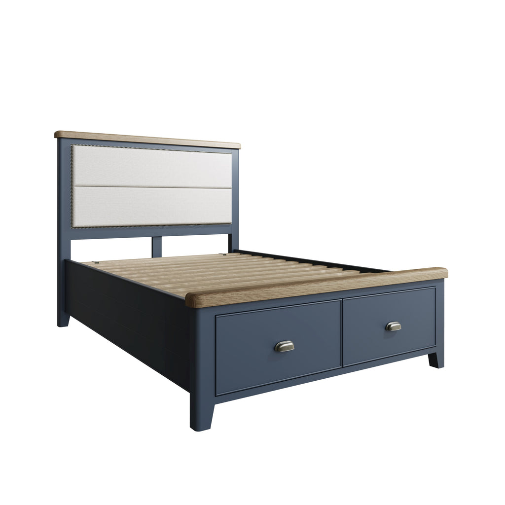 blue bed frame with drawers