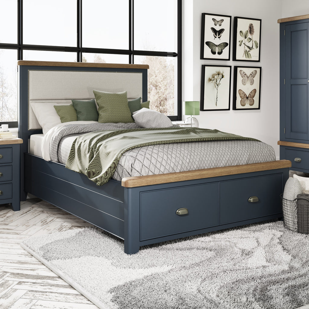 blue bed with drawers