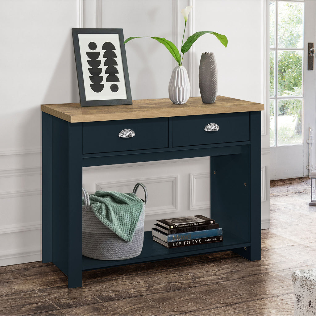 Highgate Navy Blue & Oak 2 Drawer Console Table