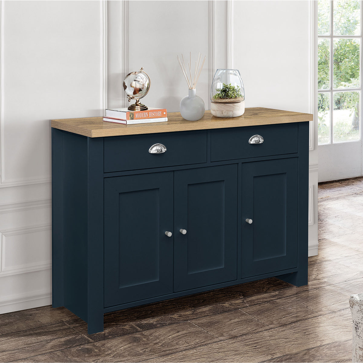 Highgate Navy Blue & Oak 3 Door 2 Drawer Sideboard