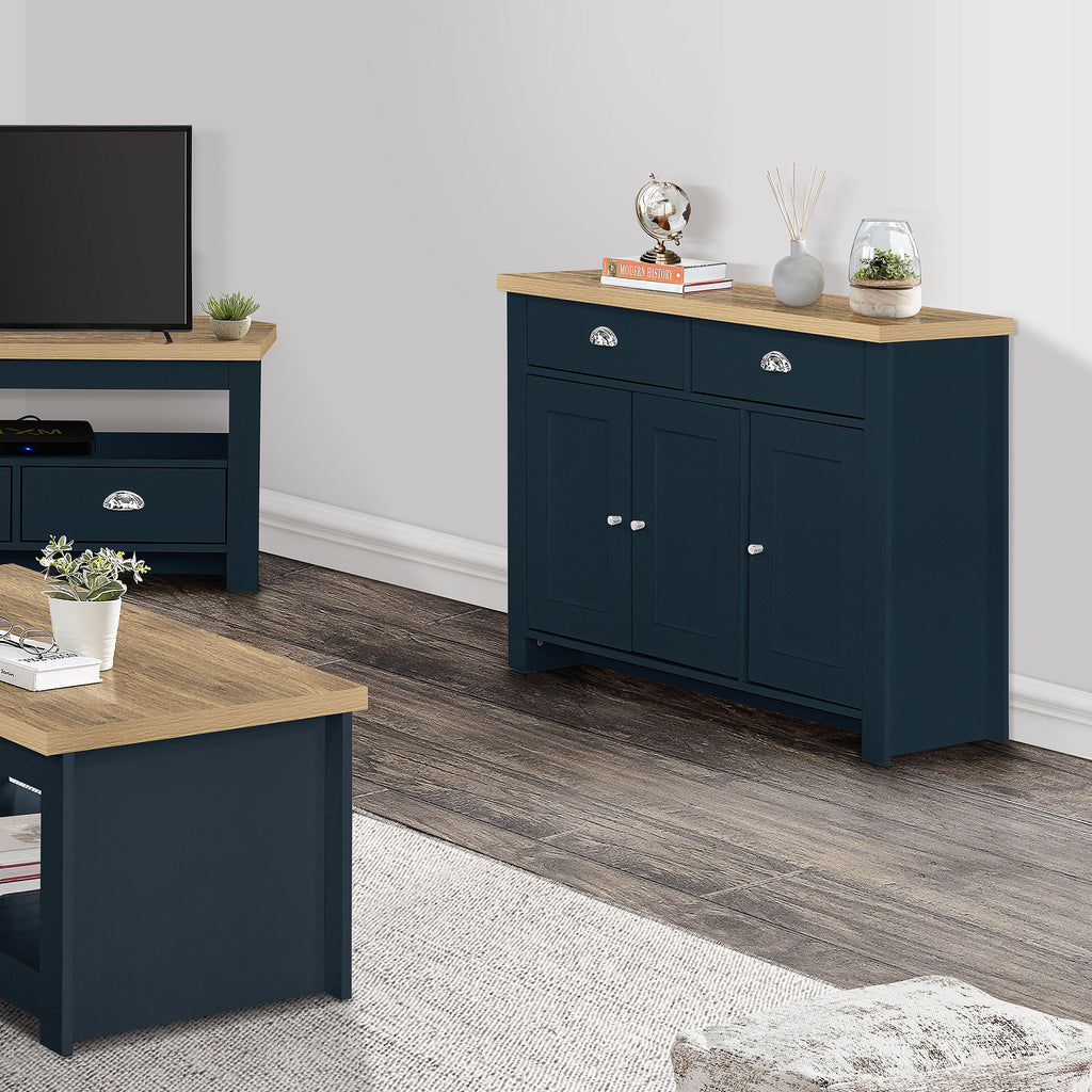 Highgate Navy Blue & Oak 3 Door 2 Drawer Sideboard