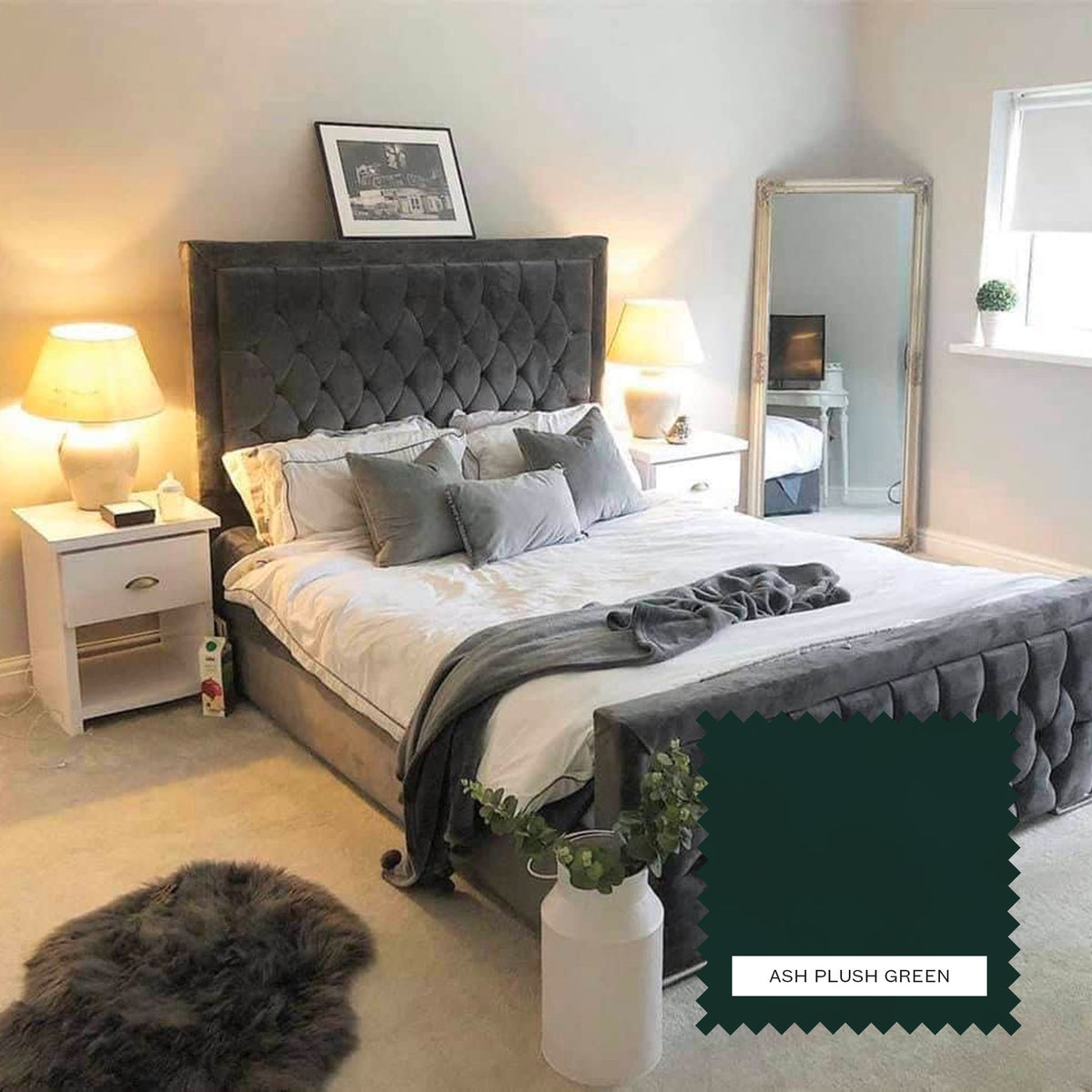 Ivy Upholstered Bed Frame - Ash Plush Green