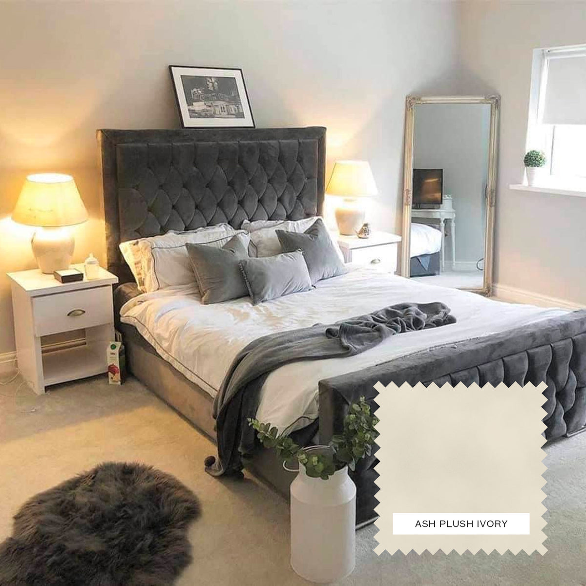Ivy Upholstered Bed Frame - Ash Plush Ivory