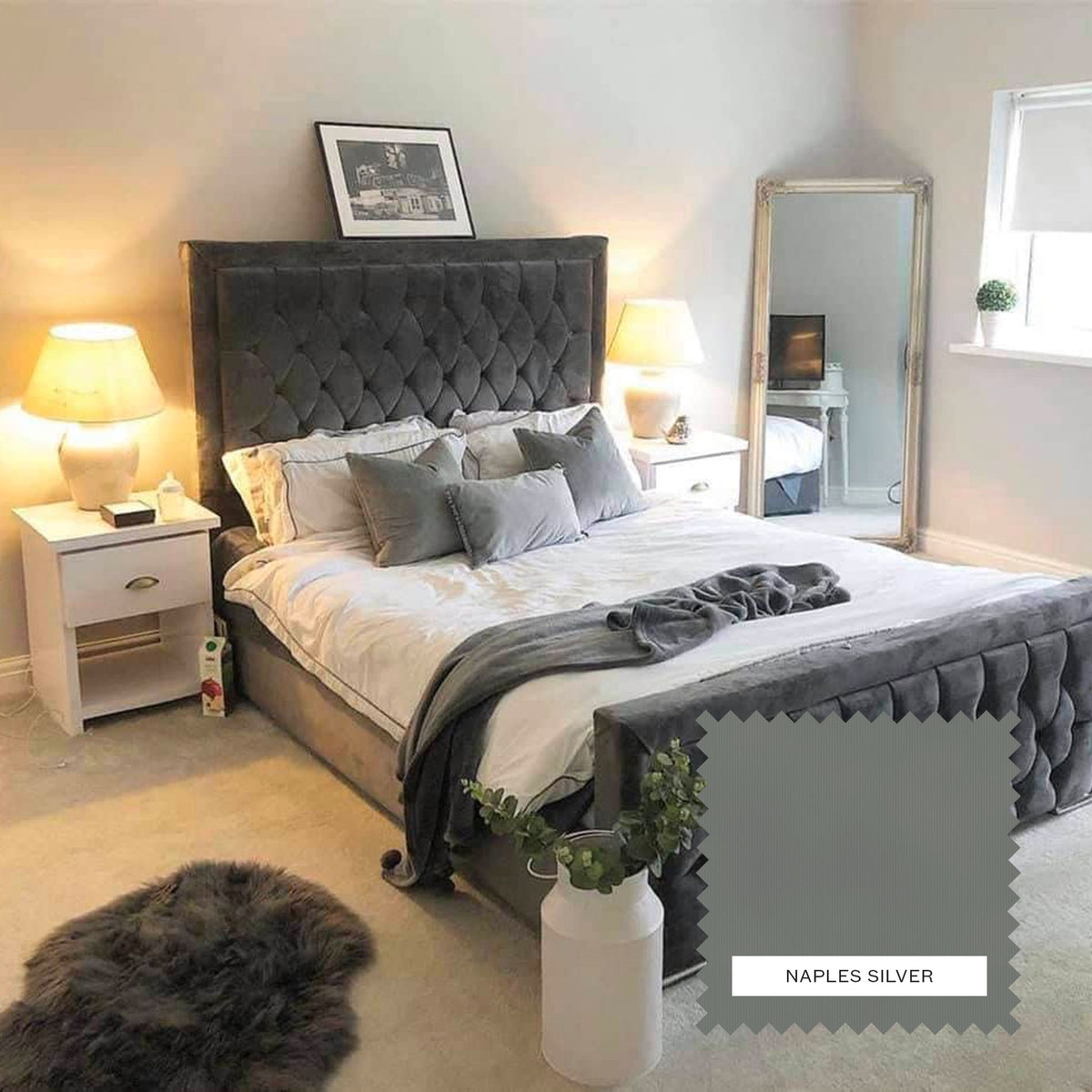 Ivy Upholstered Bed Frame - Naples Silver