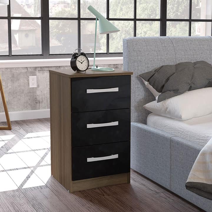 Lynx Walnut and Black 3 Drawer Bedside Table