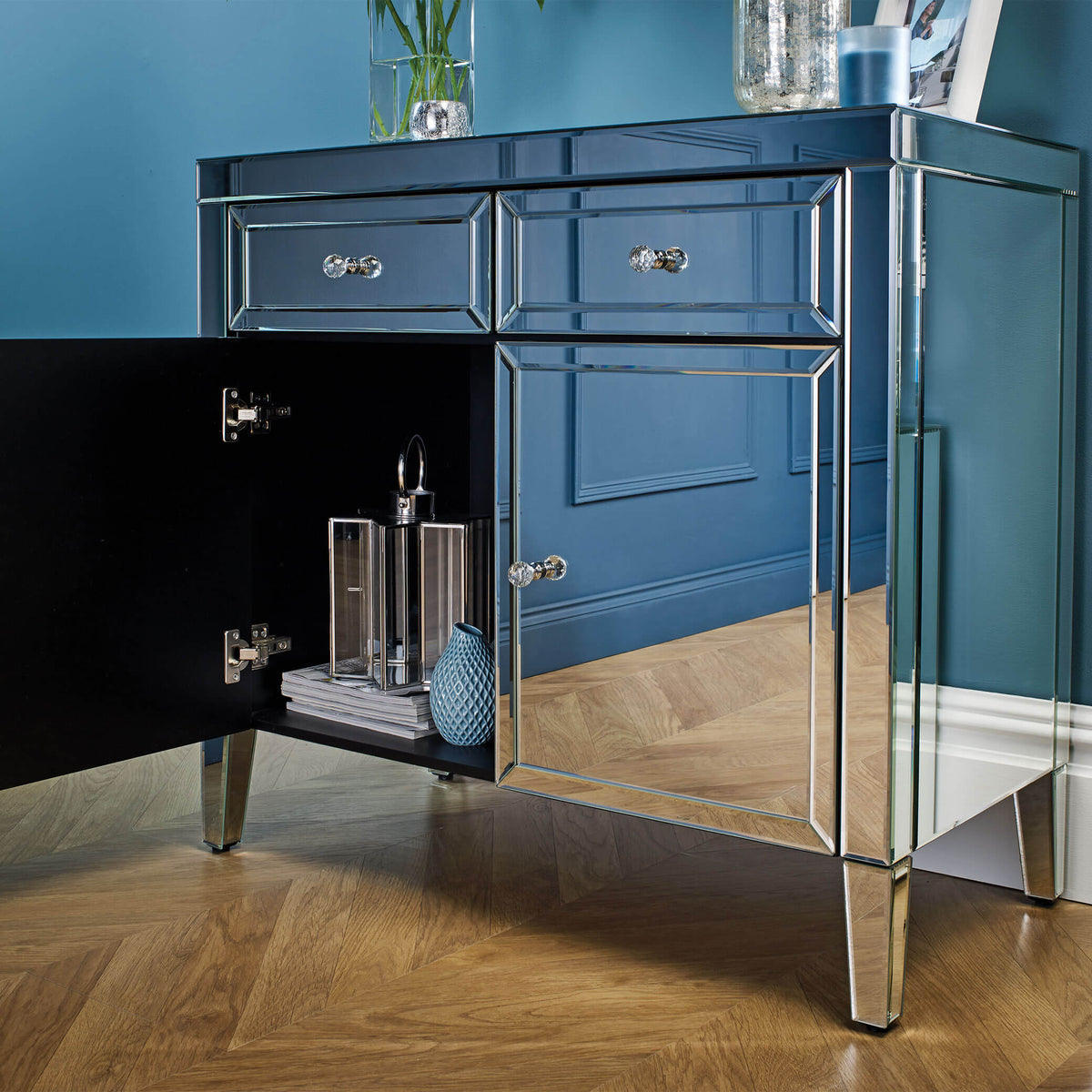 Valencia Mirrored 2 Drawer 2 Door Sideboard Open