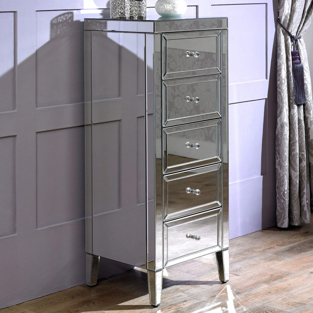 Valencia Mirrored 5 Drawer Narrow Chest