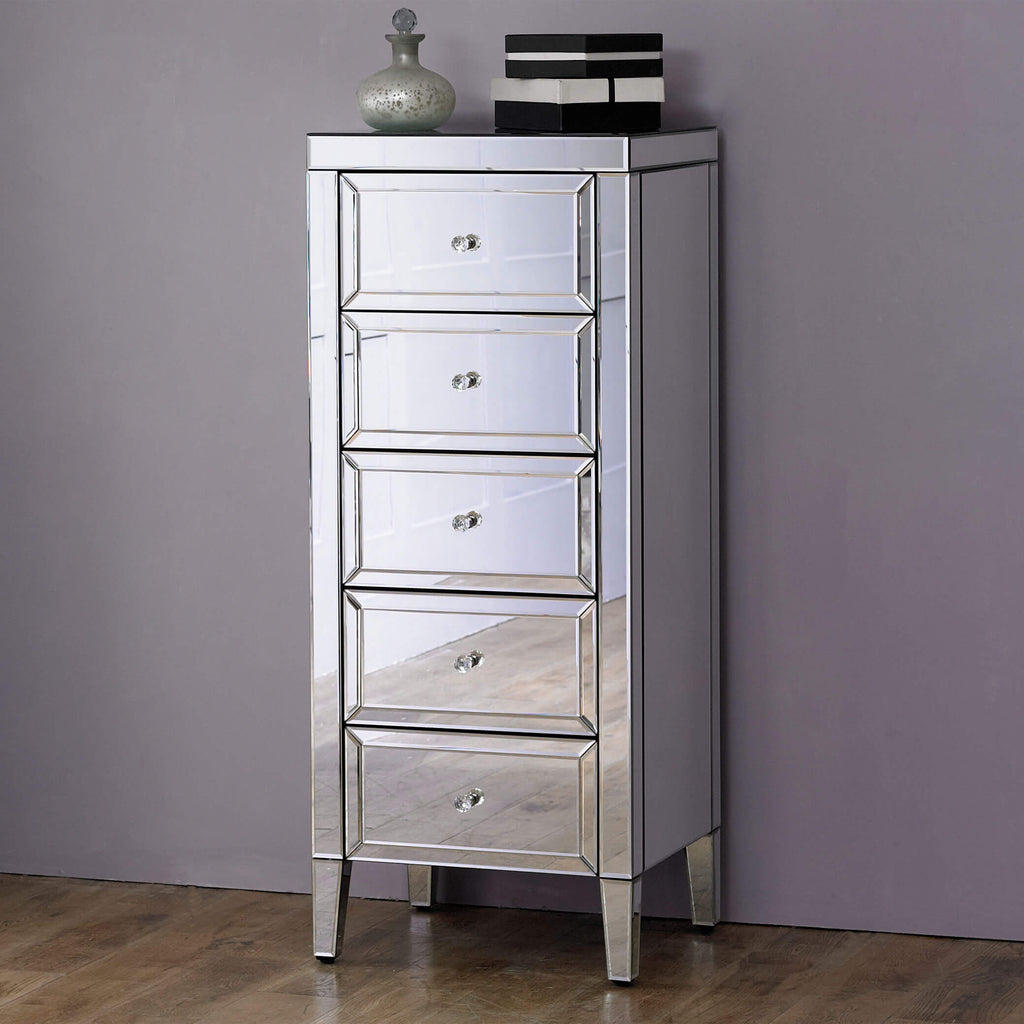 Valencia Mirrored 5 Drawer Narrow Chest Front