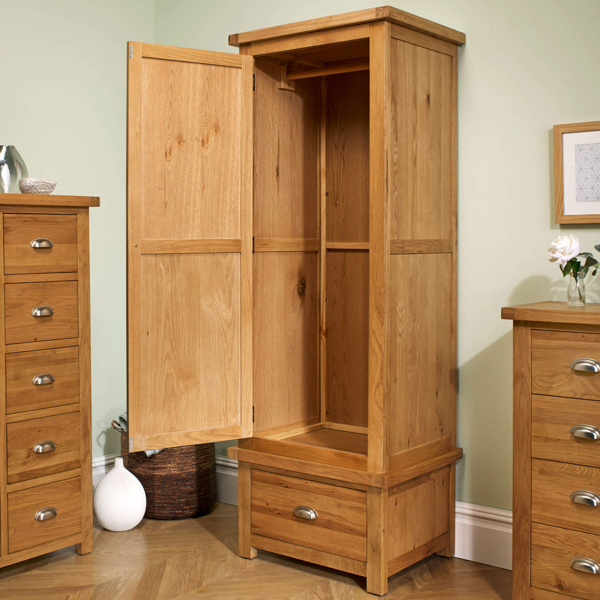 Woburn Oak 1 Door 1 Drawer Wardrobe Open