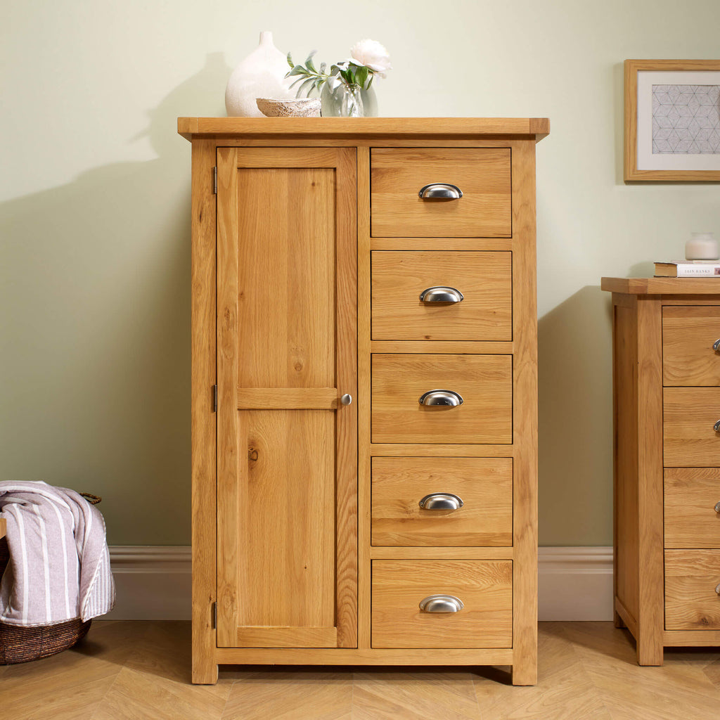 Woburn Oak 1 Door 5 Drawer Wardrobe Front View